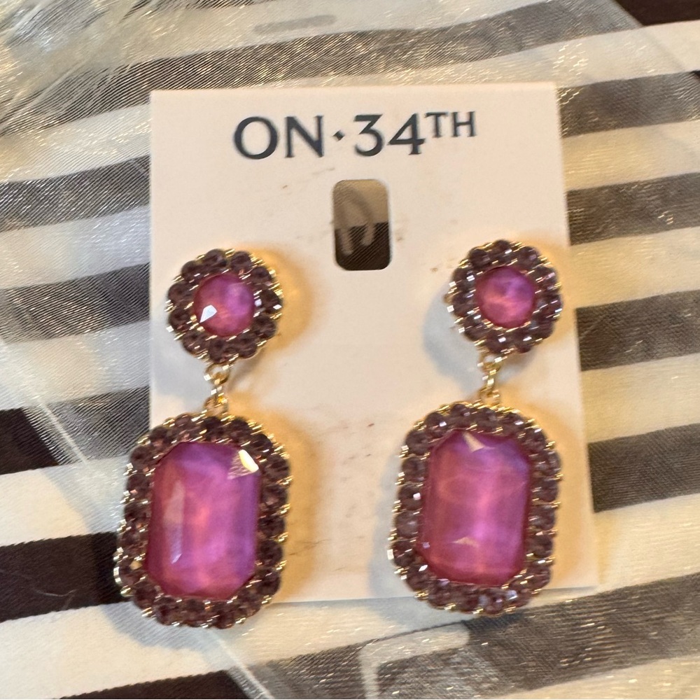 On 34th Statement Purple Double drop Gold Earrings pierced NWT - Picture 2 of 6
